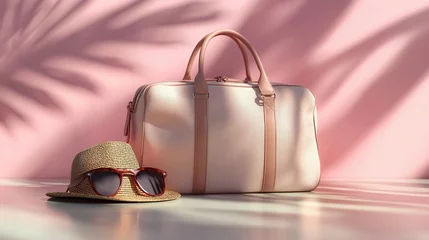 Fototapete Badezimmer Beige travel bag, straw hat, sunglasses on pink background.  © NASIRUN77