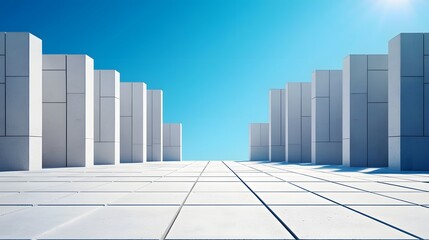 Sleek Modern 3D Abstract Architecture with Concrete Floor Against Clear Blue Sky