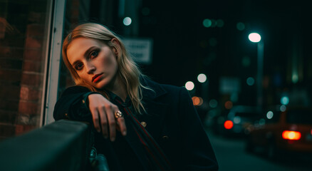Woman, night and portrait of caucasian person with jacket and style in city, street and urban setting. Fashion, model and outdoor with pose for lifestyle and beauty with mood