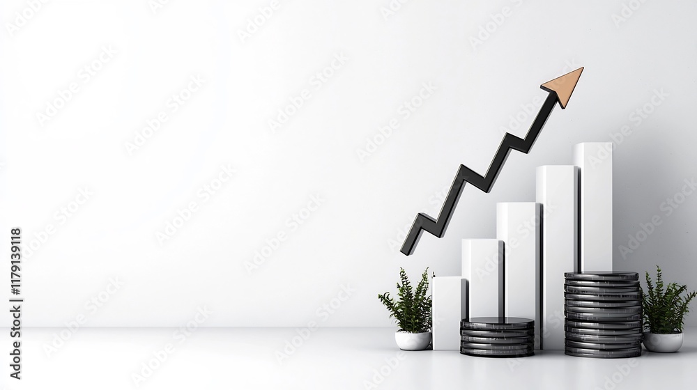 Poster ascending minimalist financial graph with an arrow pointing upwards in a clean white studio setting 