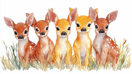 Adorable Watercolor Painting of Five Baby Deer in Grass