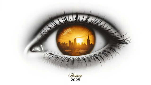 Monochrome pencil sketch of an anatomically accurate eye, the iris in glowing golden hues showcasing Cape Town&rsquo;s skyline at dusk