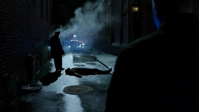 Night street with man and lying person. Dark urban scene with smoke. Outdoor, steady shot for crime concept, police investigation. Dramatic background and overlay for film