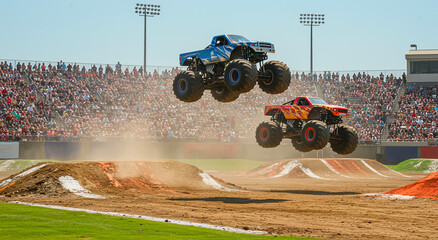 Monster truck, competition and arena with crowd for race, sport, event and entertainment. Vehicle, action, performance, offroad, power and spectacle with show, speed and excitement outdoor