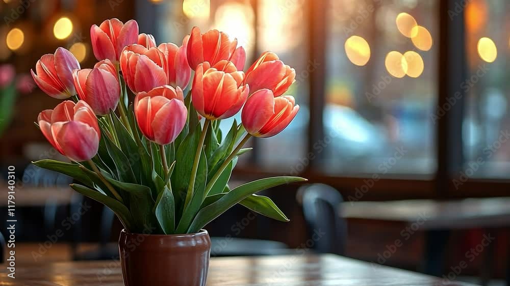 Poster A beautiful arrangement of pink and white tulips sits in a pot on a wooden table. Soft spring light filters in through windows, creating a warm, inviting atmosphere in the background.