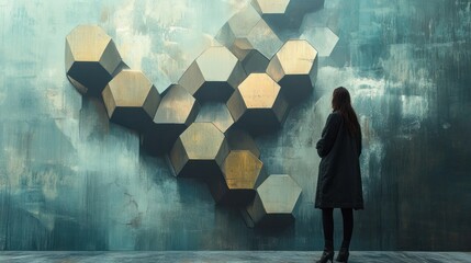 A vertical 3D art mural with interlocking hexagons in muted metallic shades, creating a futuristic aesthetic