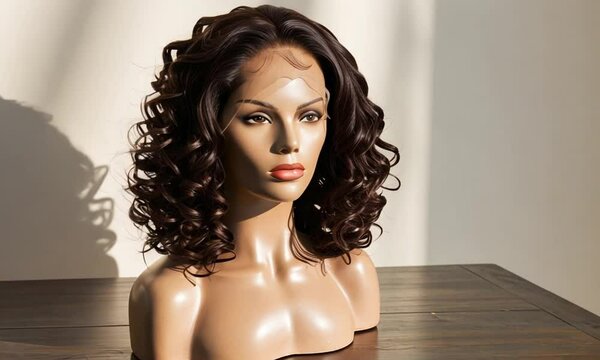 A mannequin with a head is placed on a wooden table. It has a curly wig  with a plain background. Table and mannequin slightly shone.