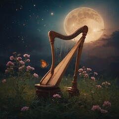 A butterfly landing on a harp in a dreamy celestial setting.