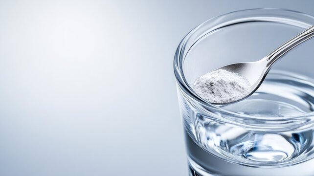 Spoon holding white powder above glass of water