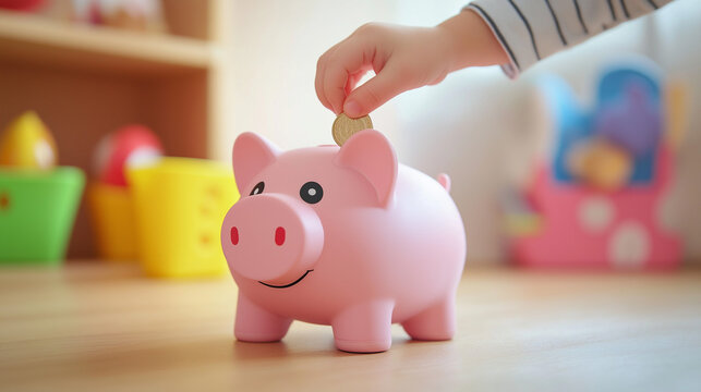 Pink Piggy Bank for Savings with a Child's Hand