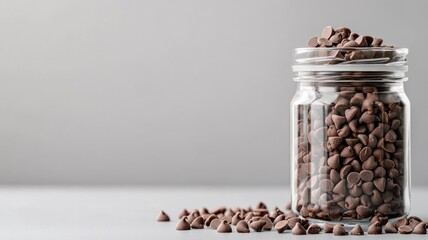 Glass jar filled with chocolate chips on gray background
