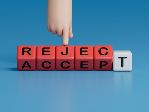 Accept or Reject symbol. Concept word Accept or Reject on wooden blocks. Businessman hand. Business and Accept or Reject concept. Copy space.3D rendering on blue background.
