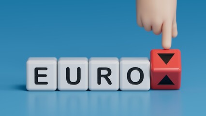 Hand is turning a dice and changes the direction of an arrow symbolizing that the value of the Euro is going up (or vice versa).3D rendering on blue background.