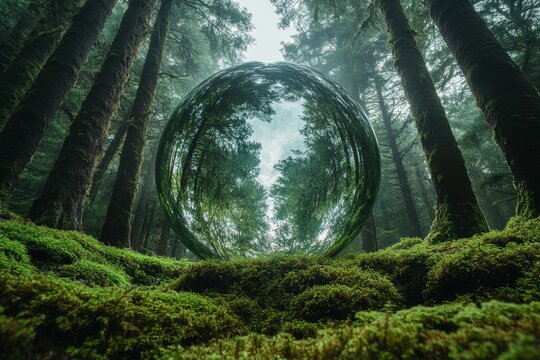 Transparent sphere reflecting emerald forest, symbolizing environmental purity and harmony. - Powered by Adobe