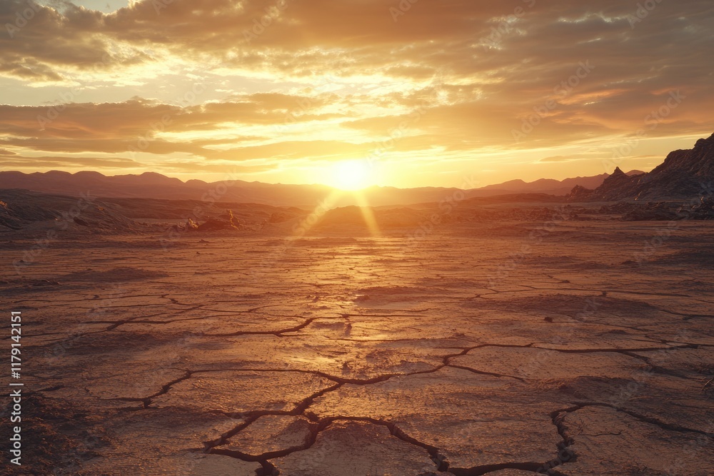 Sticker Sun setting over a barren desert landscape. The cracked earth in the foreground illustrates the harsh conditions of this unforgiving environment