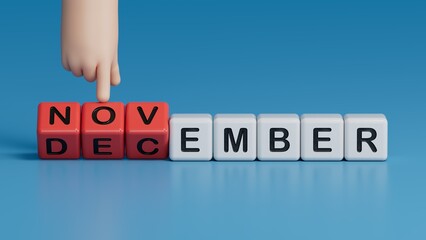 Changing to the last month of the year. The hand is flipping wooden cube blocks for change words, months from November to December, clean, modern, and minimal style.3D rendering on blue background.