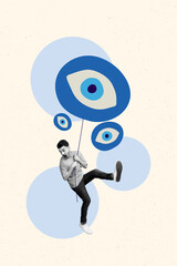 Vertical sketch 3d artwork collage poster of scared guy fly rope air balloon imitation eyeball...