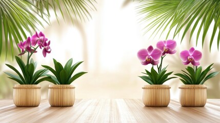 Fototapeta premium Lush orchids in eco-friendly bamboo pots set against a tropical background