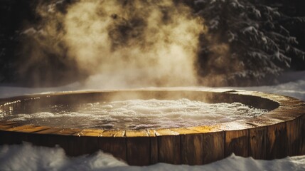 Bubbling hot water in an outdoor hot tub surrounded by snowy winter scenery at spa and wellness resort