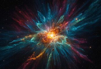 Supernova explosion, with bright colors and expanding debris