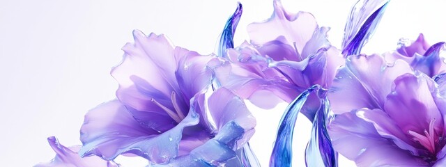 Beautiful purple and blue glass gladiolus flowers showcasing detailed foliage in a bright, futuristic style with hyper-realistic textures