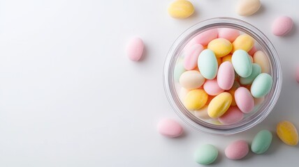 Bowl of pastel-colored candy-coated almonds on white background