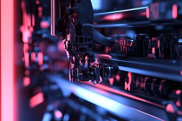 Obraz premium Cyberpunk Industrial Machinery: Close-up of a Futuristic Robotic Arm