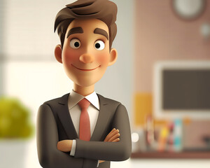 Smiling Businessman Illustration with Suit and Red Tie in Office Setting, Perfect for Professional and Corporate Use