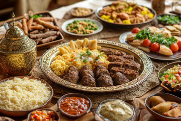Fototapeta premium Generative AI Artwork of Traditional Ramadan Feast Featuring Diverse Cultural Dishes for Celebration