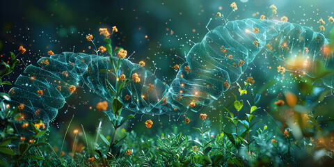 Abstract DNA Strand Intertwined with Glowing Teal and Orange Elements in a Lush Natural Setting  
