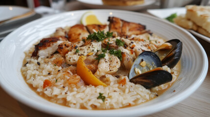 Turkish cuisine rice pilaf with anchovy and chicken icon served with iskender kebab, fish cutlet sarma, chicken with walnut, fried mussel with nut garlic sauce, cheese pie, rice mint soup