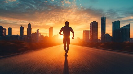Fototapeta premium Runner against city skyline at sunset urban landscape motivational