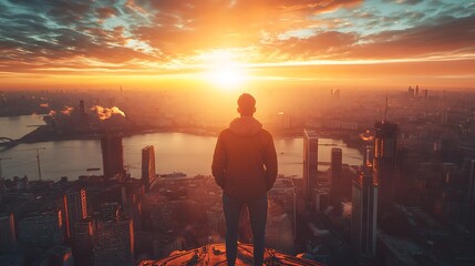 Sunset over city skyline urban landscape inspirational viewpoint