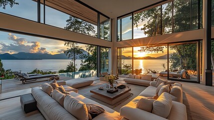 Fototapeta premium Modern living room with sunset view lakeside home interior design