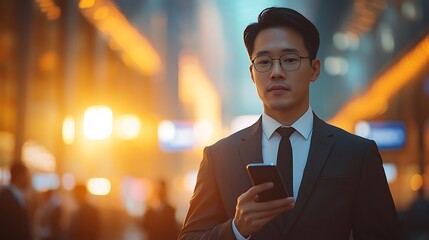 Business professional using smartphone in urban setting at sunset
