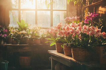 Fototapeta premium Lush Floral Shop with Moth Orchids and Rustic Elegance