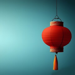 Obraz premium Majestic Red Lantern with Golden Tassel Hanging against Clear Blue Sky