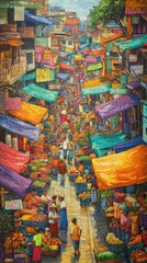 colorful urban market with bustling energy, vibrant and detailed, focus on culture and community