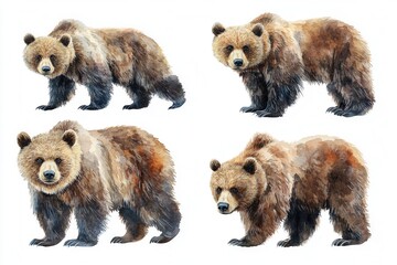 Obraz premium Four watercolor illustrations of bears showcasing different poses and expressions.