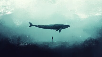 Obraz premium Solitary figure gazing at a colossal whale underwater, ethereal atmosphere.