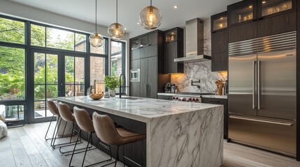 Fototapeta premium Modern kitchen featuring marble island, sleek cabinets, and contemporary lighting.
