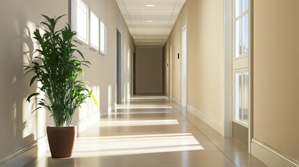 Fototapeta premium A quiet, bright corridor in an office building, with clean lines and a polished, professional appearance