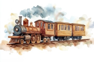 A vintage steam locomotive with wooden passenger cars, depicted in a watercolor style.