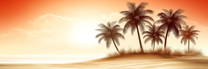 Tropical Paradise Serene Sunset Beach with Palm Trees, Idyllic Vacation Destination.