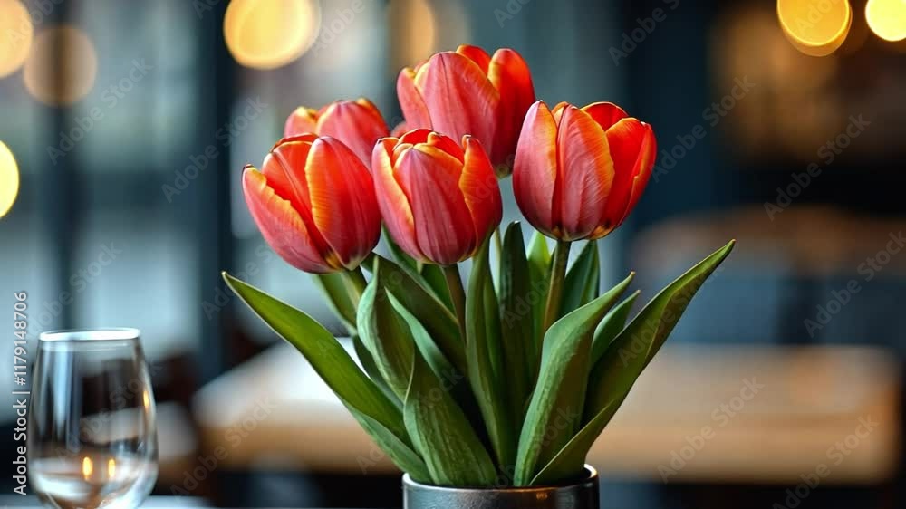 Poster freshly cut tulips in shades of red and orange stand elegantly in a vase, highlighting the charm of 