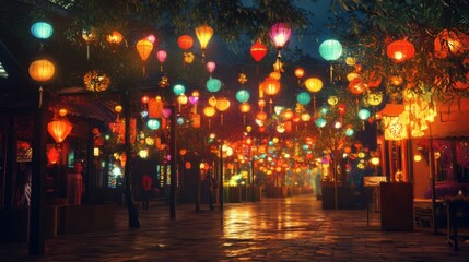 vibrant festival scene with lanterns, rich colors, lively atmosphere, perfect for celebrating cultural traditions