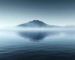 Naklejka premium Misty mountain reflected in calm lake water at dawn.
