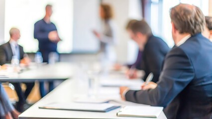 Fototapeta premium Business Strategy Workshop Blur – A soft-focus image of a business strategy workshop with professionals brainstorming ideas. 