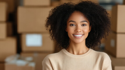 African American young woman smiling in a warehouse with cardboard boxes