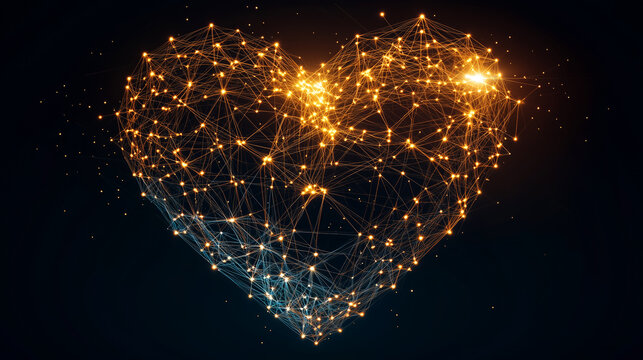 A heart made of interconnected polygons, resembling a digital art style, glowing softly against a sleek black background.